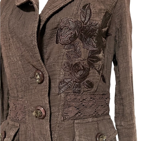 LOVE POLLY WOMENS CHOCOLATE BROWN JACKET WITH FLORAL EMBROIDERY SIZE MEDIUM - Picture 2 of 11